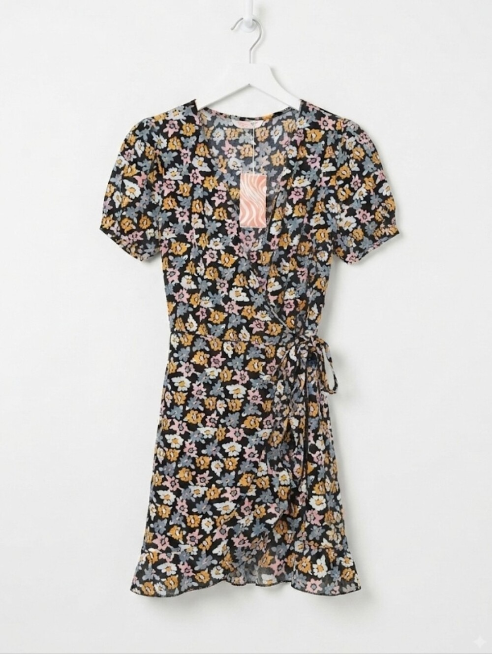 ROMWE Black Floral Wrap Dress with Pink & Yellow Blooms Size M